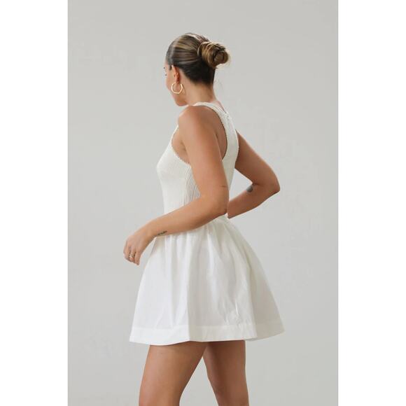 For Love & Lemons Billie Pointelle Mini Dress in Cream Drop Waist Poplin Knit - Picture 13 of 15